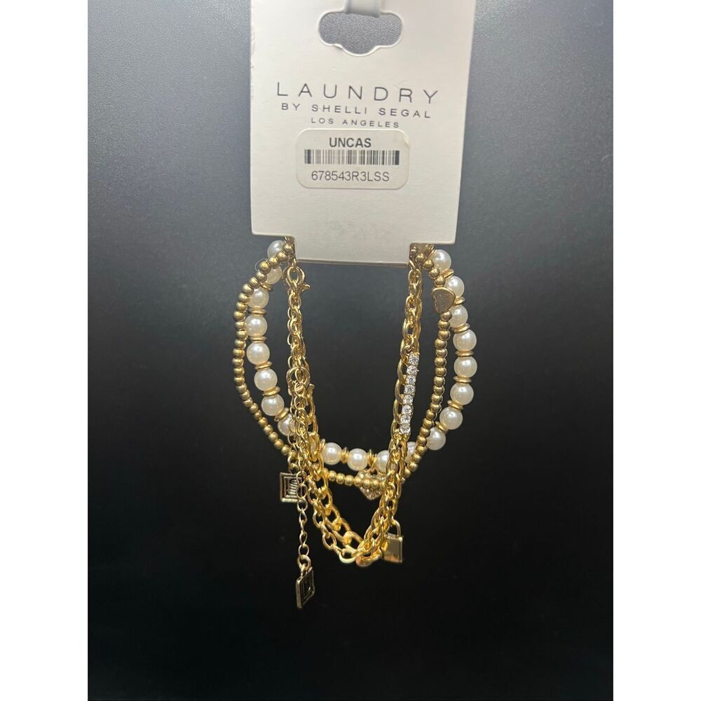 New Laundry by Shelli Segal Gold Toned Chain and Faux Pearl 4 Layering Bracelets